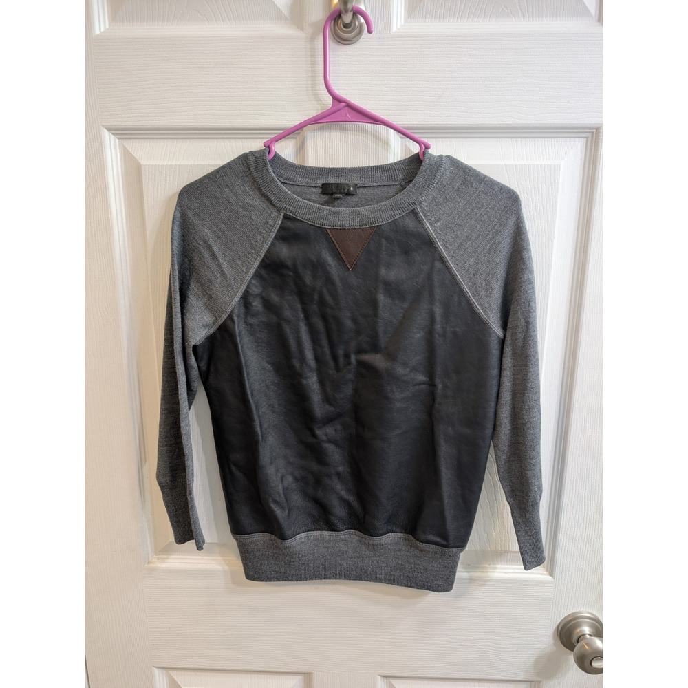 J.Crew‎ Collection Leather Front Merino Wool Sweater Gray Black - Size XXS